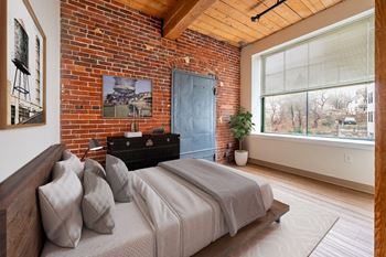 Large windows and 10' wood beam ceilings